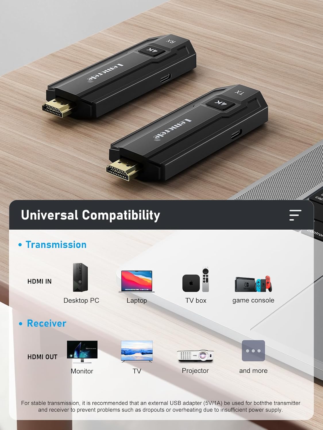 Lemorele P50L 4K 30HZ HDMI Wireless Transmitter and Receiver,5G HDMI Funkübertragung Supports 8 TXS to 1 RX,HDMI Funk zum Streamen von Video und Audio vom...