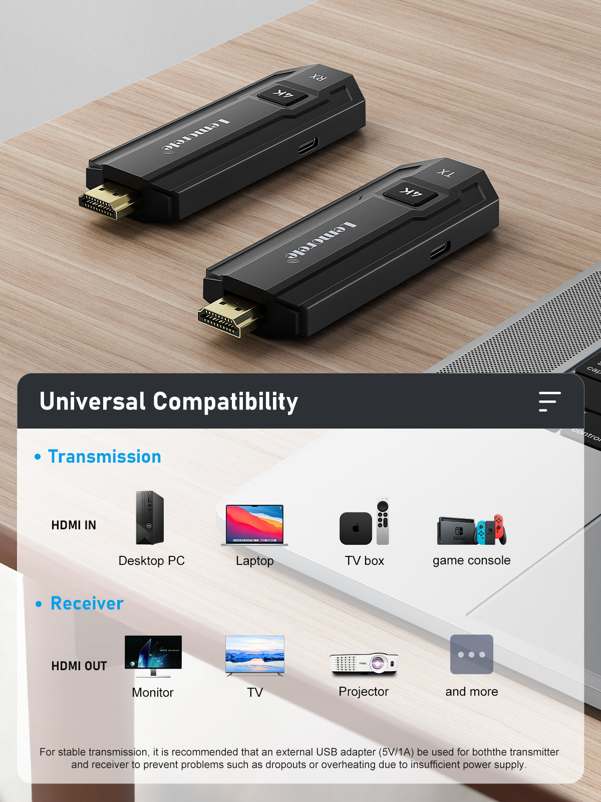 Lemorele P50L  4K 30HZ  HDMI Wireless Transmitter and Receiver,5G HDMI Funkübertragung Supports 8 TXS to 1 RX,HDMI Funk zum Streamen von Video und Audio vom...